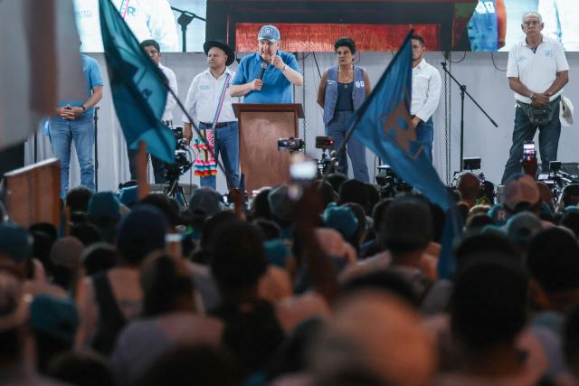 Peru's presidential candidate Rafael Lopez Aliaga for the Renovacion Popular party speaks during a campaign rally in Lima on April 4, 2026. Peru will hold presidential elections on April 12. (Photo by Connie FRANCE / AFP)