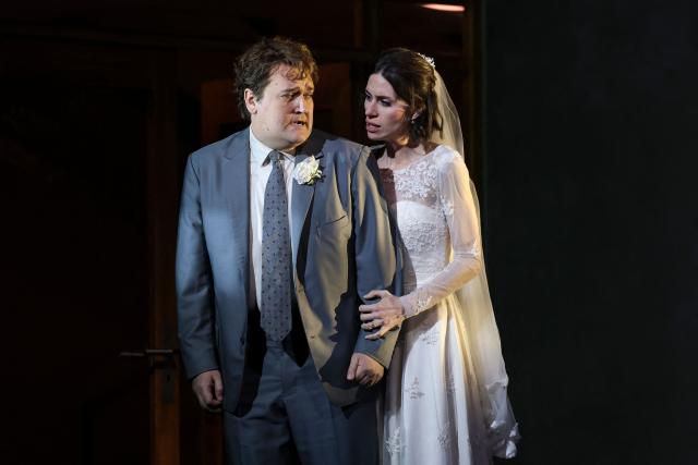 Finnish-US tenor Miles Mykkanen and US soprano Jacquelyn Stucker perform on stage during a rehearsal of "Innocence", the final opera by the late Finnish composer Kaija Saariaho, at the Metropolitan Opera in New York on April 1, 2026. School shootings are a tragically common occurrence in the United States, but rarely do they grace the stage of one of the world's premier opera houses. But on Monday, Kaija Saariaho's "Innocence" -- which explores how a devastating attack at an international school in Finland reverberates through the lives of its survivors -- will debut at the Metropolitan Opera in New York. (Photo by ANGELA WEISS / AFP)