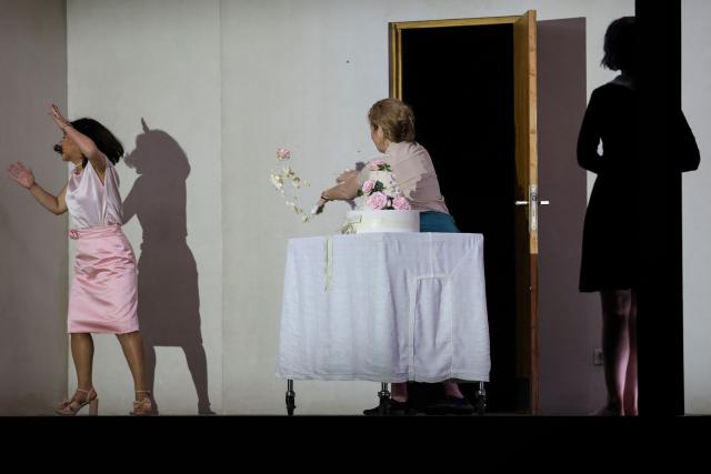 US mezzo-soprano Joyce Didonato (L) performs on stage during a rehearsal of "Innocence", the final opera by the late Finnish composer Kaija Saariaho, at the Metropolitan Opera in New York on April 1, 2026. School shootings are a tragically common occurrence in the United States, but rarely do they grace the stage of one of the world's premier opera houses. But on Monday, Kaija Saariaho's "Innocence" -- which explores how a devastating attack at an international school in Finland reverberates through the lives of its survivors -- will debut at the Metropolitan Opera in New York. (Photo by ANGELA WEISS / AFP)