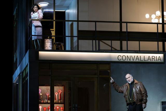 South Korean coloratura soprano Kathleen Kim and Danish operatic bass Stephen Milling perform on stage during a rehearsal of "Innocence", the final opera by the late Finnish composer Kaija Saariaho, at the Metropolitan Opera in New York on April 1, 2026. School shootings are a tragically common occurrence in the United States, but rarely do they grace the stage of one of the world's premier opera houses. But on Monday, Kaija Saariaho's "Innocence" -- which explores how a devastating attack at an international school in Finland reverberates through the lives of its survivors -- will debut at the Metropolitan Opera in New York. (Photo by ANGELA WEISS / AFP)