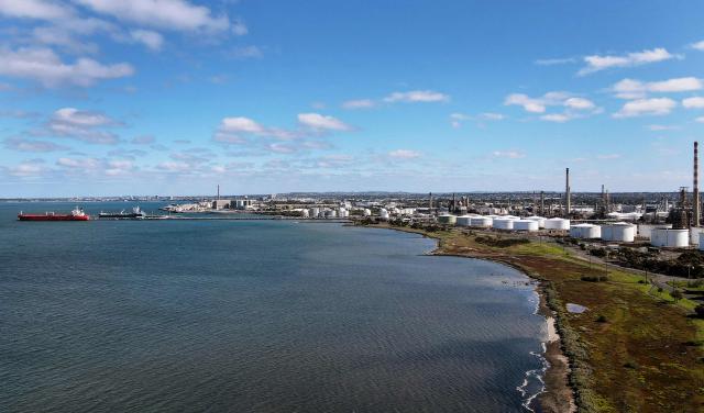 An aerial photo taken on April 4, 2026 shows the Geelong Oil Refinery, one of two oil refineries remaining in Australia. The refinery can process up to 120,000 barrels of oil per day, manufacturing petrol, diesel, LPG, jet fuel and avgas. (Photo by William WEST / AFP)