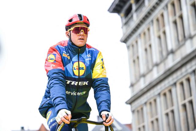 Danish Mads Pedersen of Lidl-Trek waits before the start of the men's race of the 'Ronde van Vlaanderen/ Tour des Flandres/ Tour of Flanders' UCI WorldTour one day cycling race, 278 km from Antwerp to Oudenaarde, on April 5, 2026. (Photo by DAVID PINTENS / Belga / AFP) / Belgium OUT
