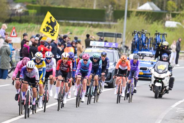 The pack rides during the men's race of the 'Ronde van Vlaanderen/ Tour des Flandres/ Tour of Flanders' UCI WorldTour one day cycling race, 278 km from Antwerp to Oudenaarde, on April 5, 2026. (Photo by DAVID PINTENS / Belga / AFP) / Belgium OUT