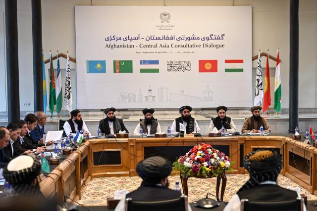 Afghanistan’s Foreign Minister Amir Khan Muttaqi (C, back), along with representatives from Central Asian states, takes part in the Afghanistan–Central Asia Consultative Dialogue at the Foreign Affairs Ministry in Kabul on April 5, 2026. (Photo by Bais YUSUFI / AFP)
