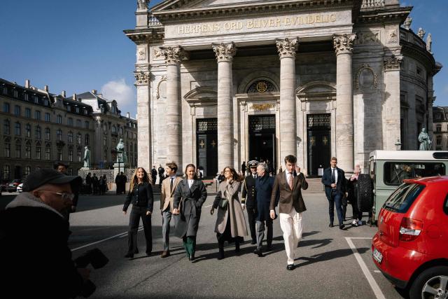 Denmark's Crown Prince Christian, Princess Isabella, Prince Vincent, King Frederik, Queen Mary and Princess Josephine leave after Easter high mass at Frederiks Church, the Marble Church, in Copenhagen, on April 5, 2026. (Photo by Emil Nicolai Helms / Ritzau Scanpix / AFP) / Denmark OUT