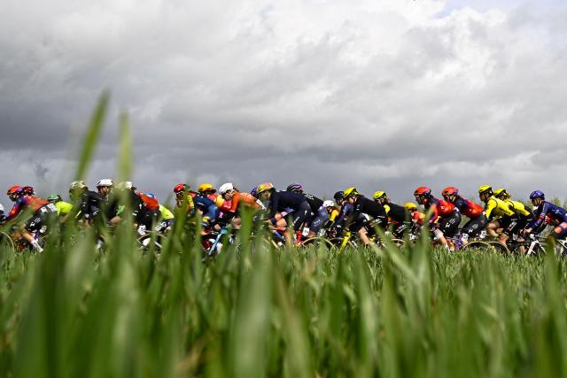 The pack of riders (peloton) cycles during the women's race of the 'Ronde van Vlaanderen/ Tour des Flandres/ Tour of Flanders' UCI WorldTour one day cycling race, 164,1 km with start and finish in Oudenaarde, on April 5, 2026. (Photo by JASPER JACOBS / Belga / AFP) / Belgium OUT