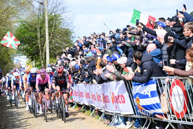The pack of riders (peloton) cycles over a cobblestone sector in the men's race of the 'Ronde van Vlaanderen/ Tour des Flandres/ Tour of Flanders' UCI WorldTour one day cycling race, 278 km from Antwerp to Oudenaarde, in Haaltert on April 5, 2026. (Photo by DAVID PINTENS / Belga / AFP) / Belgium OUT