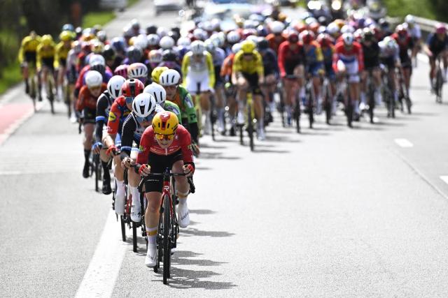 The pack of riders (peloton) cycles during the women's race of the 'Ronde van Vlaanderen/ Tour des Flandres/ Tour of Flanders' UCI WorldTour one day cycling race, 164,1 km with start and finish in Oudenaarde, on April 5, 2026. (Photo by JASPER JACOBS / Belga / AFP) / Belgium OUT