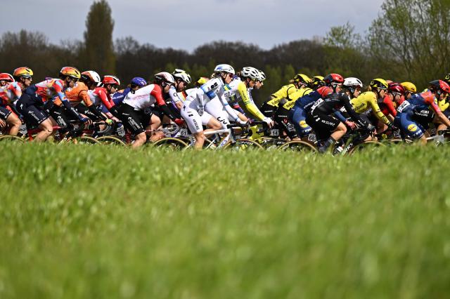 The pack of riders (peloton) cycles during the women's race of the 'Ronde van Vlaanderen/ Tour des Flandres/ Tour of Flanders' UCI WorldTour one day cycling race, 164,1 km with start and finish in Oudenaarde, on April 5, 2026. (Photo by JASPER JACOBS / Belga / AFP) / Belgium OUT