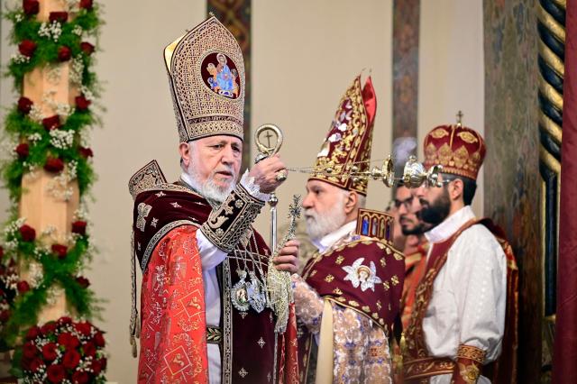 Supreme Patriarch and head of the Catholicos of All Armenians Garegin II (Karekin II) leads the Easter service at the Church of Holy Etchmiadzin, in Echmiadzin on April 5, 2026. (Photo by KAREN MINASYAN / AFP)