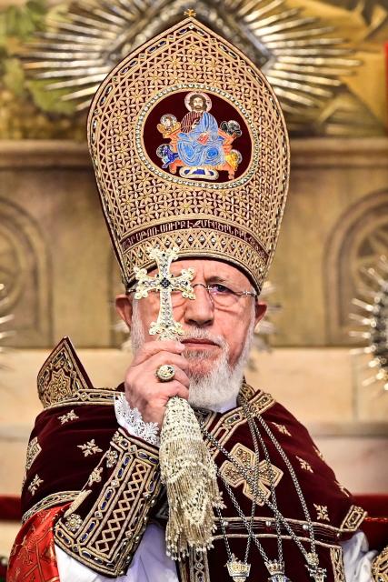 Supreme Patriarch and head of the Catholicos of All Armenians Garegin II (Karekin II) leads the Easter service at the Church of Holy Etchmiadzin, in Echmiadzin on April 5, 2026. (Photo by KAREN MINASYAN / AFP)