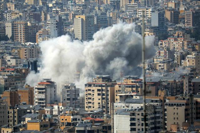 Smoke rises from the site of an Israeli strike in Beirut's southern suburbs, on April 5, 2026. An Israeli strike hit south Beirut on April 5, Lebanese state media reported, with a medical source telling AFP it made impact about 100 metres away from a public hospital. The strike hit Beirut's Jnah neighbourhood near Rafik Hariri University Hospital, the largest public medical facility in the country. (Photo by ibrahim AMRO / AFP) / 