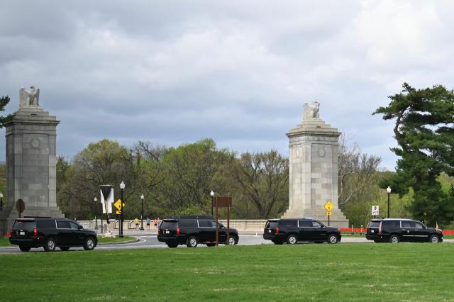 The motorcade carrying US President Donald Trump drives around Memorial Circle near the entrance of Arlington National Cemetery on April 5, 2026, in Arlington, Virginia. President Trump has previously proposed building an enormous, 250-foot tall "Independence Arch" -- reminiscent of Paris' Arc de Triomphe -- near the Memorial Circle site along the Potomac River near the entrance to Arlington National Cemetery. (Photo by Mandel NGAN / AFP)