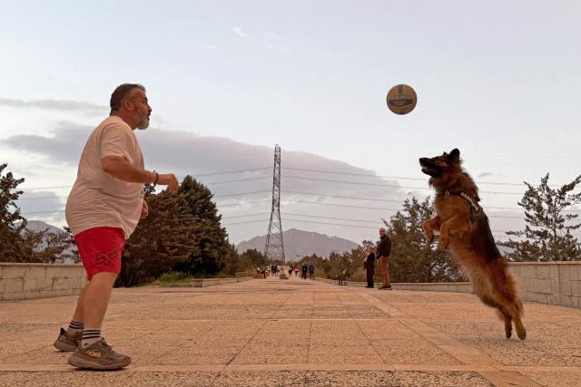 A man plays along with his dog at the Pardisan Park in Tehran on April 5, 2026. The war, which erupted on February 28, 2026 with US-Israeli strikes on Iran, has engulfed the Middle East and convulsed the global economy. (Photo by ATTA KENARE / AFP)