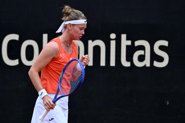 Czech Republic's Marie Bouzkova celebrates a point against Hungary's Panna Udvardy during the WTA Bogota women's singles final match at the Country Club in Bogota on April 5, 2026. (Photo by RAUL ARBOLEDA / AFP)