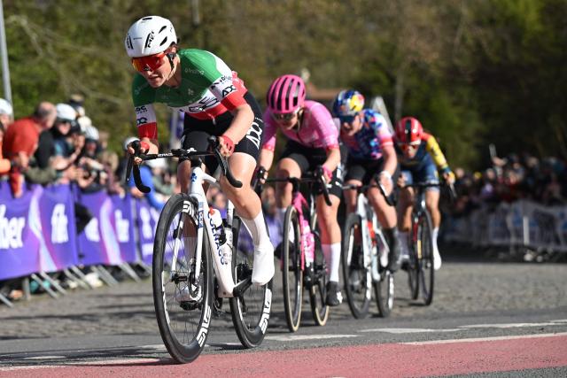 UAE Team ADQ's Italian rider Elisa Longo Borghini cycles during the women's race of the 'Ronde van Vlaanderen/ Tour des Flandres/ Tour of Flanders' UCI WorldTour one day cycling race, 164,1 km with start and finish in Oudenaarde, on April 5, 2026. (Photo by Luc CLAESSEN / POOL / AFP) / Belgium OUT