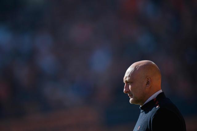 Lorient's French head coach Olivier Pantaloni looks on during the French L1 football match between FC Lorient and Paris FC  at the Stade du Moustoir in Lorient, western France on April 5, 2026. (Photo by Loic VENANCE / AFP)
