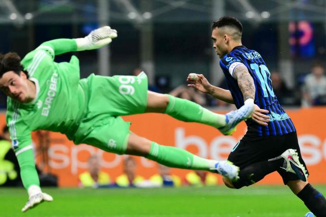 Inter Milan's Argentinian forward #10 Lautaro Martinez celebrates scoring his team's first goal during the Italian Serie A football match between Inter Milan and AS Roma at San Siro stadium in Milan, on April 5, 2026. (Photo by Stefano RELLANDINI / AFP)