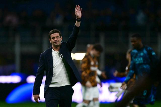 Inter Milan's Romanian head coach Cristian Chivu greets supporters at the end of the Italian Serie A football match between Inter Milan and AS Roma at San Siro stadium in Milan, on April 5, 2026. (Photo by Stefano RELLANDINI / AFP)