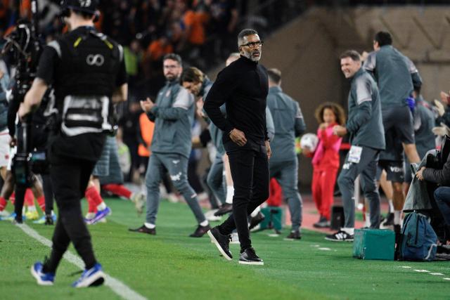 Marseille's French-Senegalese head coach Habib Beye reacts during the French L1 football match between Monaco (ASM) and Olympique de Marseille (OM) at the Louis II Stadium in Monaco on April 5, 2026. (Photo by Frederic DIDES / AFP)