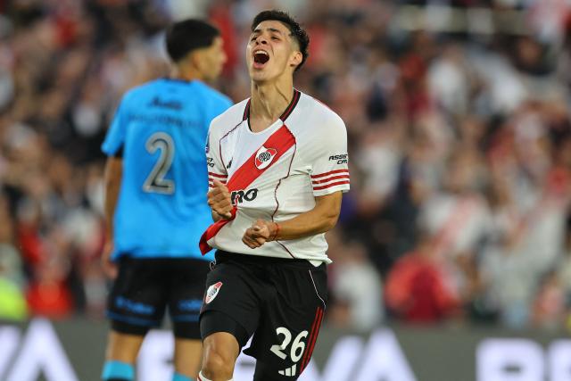 River Plate midfielder #26 Tomas Galvan celebrates after scoring the first goal during the Argentine Professional Football League 2026 Apertura Tournament match between River Plate and Belgrano at MAS Monumental stadium in Buenos Aires on April 5, 2026. (Photo by ALEJANDRO PAGNI / AFP)