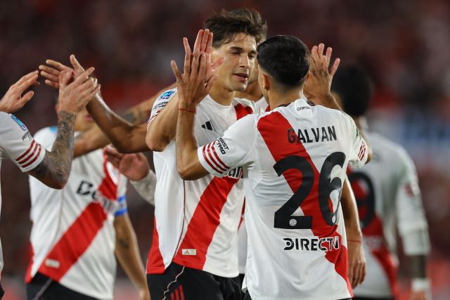 River Plate's midfielder #26 Tomas Galvan celebrates scoring his team's third goal during the Argentine Professional Football League 2026 Apertura Tournament match between River Plate and Belgrano at MAS Monumental stadium in Buenos Aires on April 5, 2026. (Photo by ALEJANDRO PAGNI / AFP)