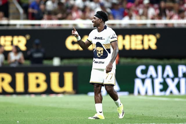 Pumas' Colombian defender #77 Alvaro Angulo celebrates scoring his team's second goal during the Liga MX Clausura football match between Guadalajara and Pumas at Akron stadium in Zapopan, Jalisco state, Mexico, on April 5, 2026. (Photo by Ulises Ruiz / AFP)