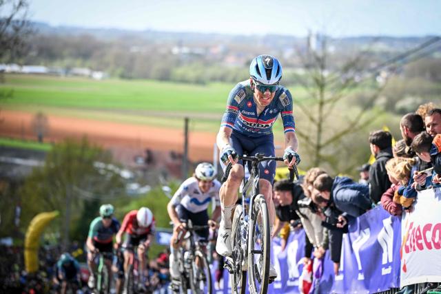 Dutch rider Dylan van Baarle from the Soudal Quick-Step team competes on the Paterberg climb in Kluisbergen during the men's race of the 'Ronde van Vlaanderen/ Tour des Flandres/ Tour of Flanders' UCI WorldTour one-day cycling race, 278 km from Antwerp to Oudenaarde, on April 5, 2026. (Photo by ELIAS ROM / Belga / AFP) / Belgium OUT