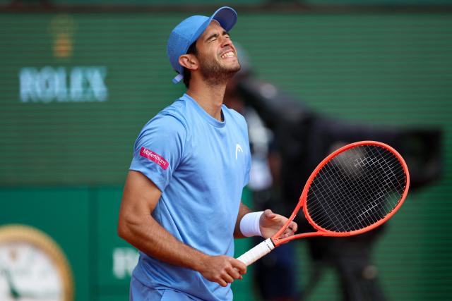 Portugal's Nuno Borges reacts after a point as he plays against Russia's Andrey Rublev during the Monte Carlo ATP Masters Series Tournament round of 64 tennis match on Court Rainier III at the Monte-Carlo Country Club in Roquebrune-Cap-Martin, south-eastern France on April 6, 2026. (Photo by Valery HACHE / AFP)