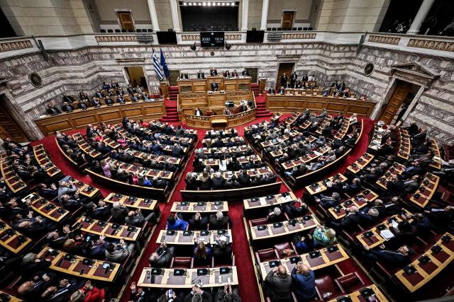 (FILES) Greek Prime Minister Kyriakos Mitsotakis addresses lawmakers at parliament, ahead of a vote on confidence following a motion of censure submitted by leftist and centre-left opposition parties, in Athens on March 28, 2024. Greek Prime Minister Kyriakos Mitsotakis on April 6, 2026 asked the European public prosecutor's office to launch "without delay" proceedings against lawmakers suspected to be involved in alleged fraud related to EU agricultural subsidies. "I am asking the European Public Prosecutor's Office, once the immunity of our MPs has been lifted, to immediately take all investigative measures," he said in a statement broadcast on public television, specifying that it would have to "rule on whether, against how many, and against which individuals it intends to bring charges." (Photo by Aris MESSINIS / AFP)