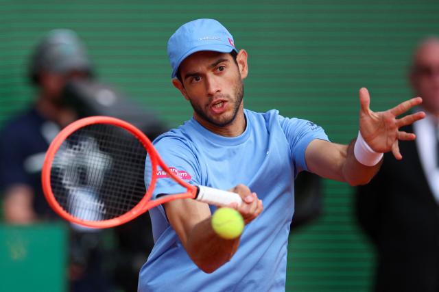 Portugal's Nuno Borges plays a forehand return to Russia's Andrey Rublev during the Monte Carlo ATP Masters Series Tournament round of 64 tennis match on Court Rainier III at the Monte-Carlo Country Club in Roquebrune-Cap-Martin, south-eastern France on April 6, 2026. (Photo by Valery HACHE / AFP)