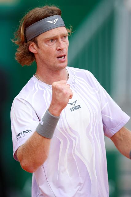 Russia's Andrey Rublev reacts to a point against Portugal's Nuno Borges during the Monte Carlo ATP Masters Series Tournament round of 64 tennis match on Court Rainier III at the Monte-Carlo Country Club in Roquebrune-Cap-Martin, south-eastern France on April 6, 2026. (Photo by Valery HACHE / AFP)