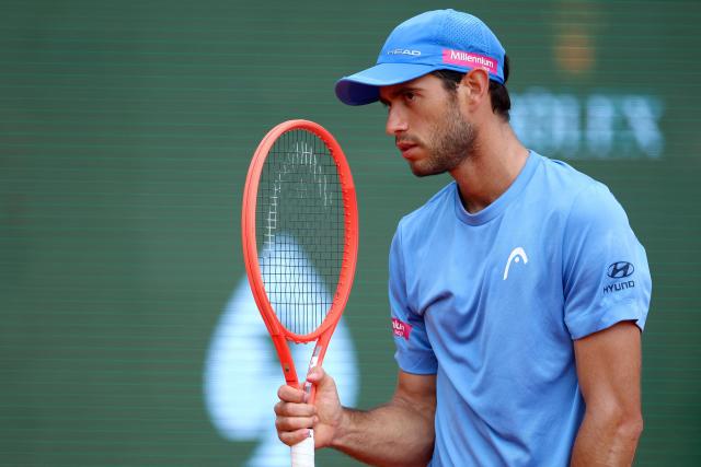 Portugal's Nuno Borges reacts to a point against Russia's Andrey Rublev during the Monte Carlo ATP Masters Series Tournament round of 64 tennis match on Court Rainier III at the Monte-Carlo Country Club in Roquebrune-Cap-Martin, south-eastern France on April 6, 2026. (Photo by Valery HACHE / AFP)