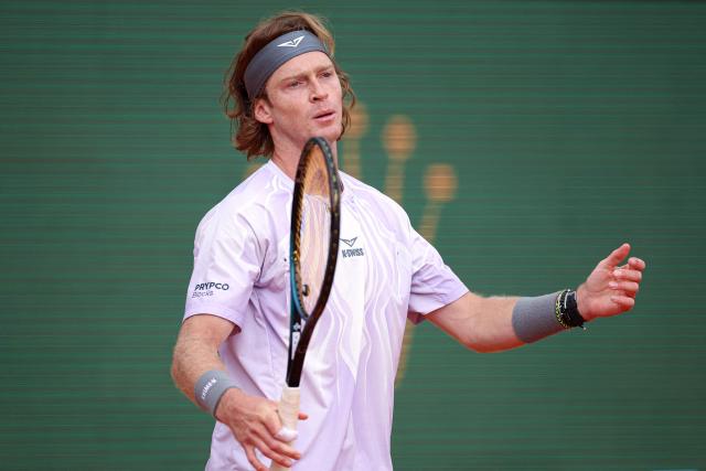 Russia's Andrey Rublev reacts as he plays against Portugal's Nuno Borges during the Monte Carlo ATP Masters Series Tournament round of 64 tennis match on Court Rainier III at the Monte-Carlo Country Club in Roquebrune-Cap-Martin, south-eastern France on April 6, 2026. (Photo by Valery HACHE / AFP)