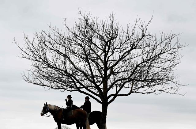 Participants on horseback wait under a leafless tree during the traditional St George's Cavalcade (Georgiritt) in Traunstein, southern Germany on Easter Monday on April 6, 2026. The annual ride is a horse pilgrimage to honor Saint George and takes the participants from the Bavarian town of Traunstein to the chapel of Ettendorf, where they are blessed. (Photo by Christof STACHE / AFP)