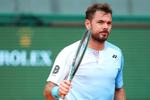 Switzerland's Stanislas Wawrinka reacts to a point against Argentinia's Sebastian Baez during the Monte Carlo ATP Masters Series Tournament round of 64 tennis match on Court Rainier III at the Monte-Carlo Country Club in Roquebrune-Cap-Martin, south-eastern France on April 6, 2026. (Photo by Valery HACHE / AFP)