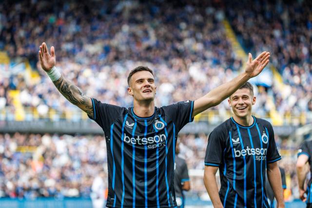 Club Brugge's Serbian midfielder #25 Aleksandar Stankovic celebrates after scoring a goal during the Belgian "Pro League" champions' play-off (day 1 out of 10) football match between Club Brugge KV and RSC Anderlecht at the Jan Breydel Stadium in Bruges on April 6, 2026. (Photo by KURT DESPLENTER / Belga / AFP) / Belgium OUT