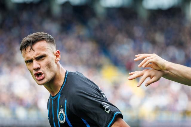 Club Brugge's Serbian midfielder #25 Aleksandar Stankovic celebrates after scoring a goal during the Belgian "Pro League" champions' play-off (day 1 out of 10) football match between Club Brugge KV and RSC Anderlecht at the Jan Breydel Stadium in Bruges on April 6, 2026. (Photo by KURT DESPLENTER / Belga / AFP) / Belgium OUT