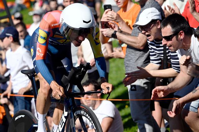 Team Lidl-Trek's Spanish rider Juan Ayuso competes in the first stage of the Basque Country's Itzulia cycling tour, a 13.8 km time trial in Bilbao on April 6, 2026. (Photo by ANDER GILLENEA / AFP)