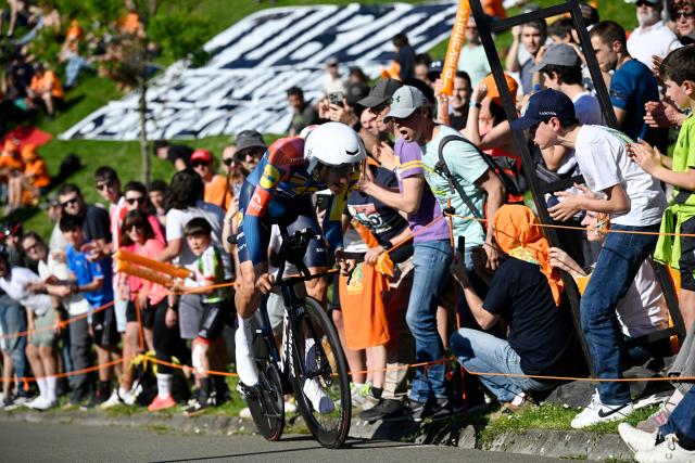 Team Lidl-Trek's Spanish rider Juan Ayuso competes in the first stage of the Basque Country's Itzulia cycling tour, a 13.8 km time trial in Bilbao on April 6, 2026. (Photo by ANDER GILLENEA / AFP)