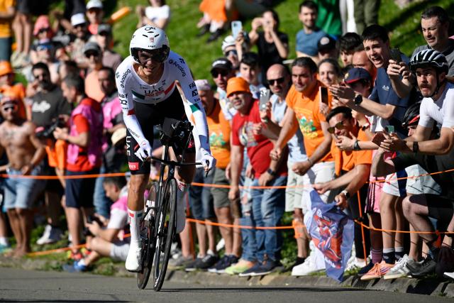 Team UAE's Mexican rider Isaac Del Toro  competes in the first stage of the Basque Country's Itzulia cycling tour, a 13.8 km time trial in Bilbao on April 6, 2026. (Photo by ANDER GILLENEA / AFP)