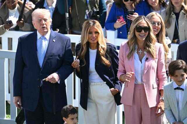 (L/R) US President Donald Trump, First Lady Melania Trump, Lara Trump and Tiffany Trump participate during the annual Easter Egg Roll on the South Lawn of the White House on April 6, 2026, in Washington, DC. (Photo by SAUL LOEB / AFP)
