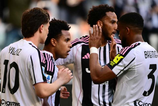 Juventus' US midfielder #22 Weston McKennie celebrates with teammates after scoring his team's second goal during the Italian Serie A football match between Juventus and Genoa at the Allianz stadium in Turin, on April 6, 2026. (Photo by Marco BERTORELLO / AFP)
