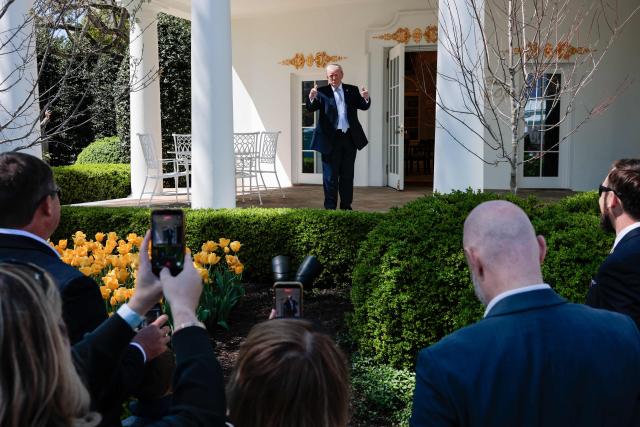 US President Donald Trump gives a thumbs up as he speaks to reporters outside the Oval Office after hosting the annual Easter Egg Roll on the South Lawn of the White House on April 6, 2026, in Washington, DC. (Photo by Kent Nishimura / AFP)
