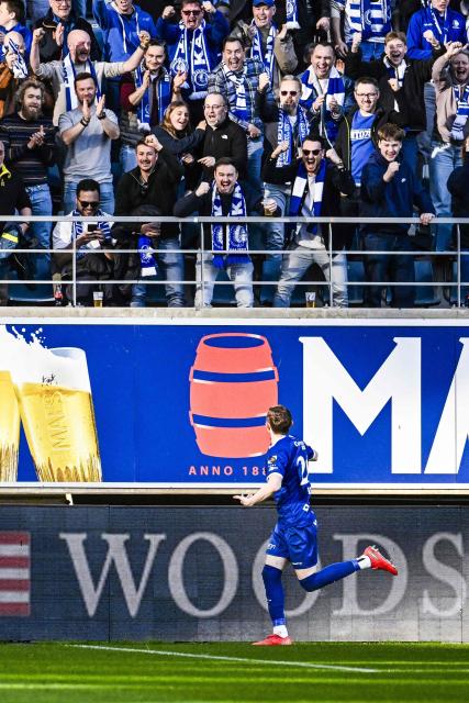 Gent's English forward #21 Max Dean celebrates scoring his team's first goal during the Belgian "Pro League" First Division football match between KAA Gent and KV Mechelen at the KAA Stadium in Ghent on April 6, 2026. (Photo by Tom Goyvaerts / BELGA / AFP) / Belgium OUT