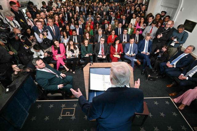 US President Donald Trump speaks about the conflict in Iran in the James S. Brady Press Briefing Room of the White House on April 6, 2026, in Washington, DC. (Photo by Brendan SMIALOWSKI / AFP)