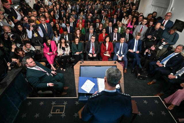 Chairman of the Joint Chiefs of Staff General Dan Caine speaks about the conflict in Iran in the James S. Brady Press Briefing Room of the White House on April 6, 2026, in Washington, DC. (Photo by Brendan SMIALOWSKI / AFP)