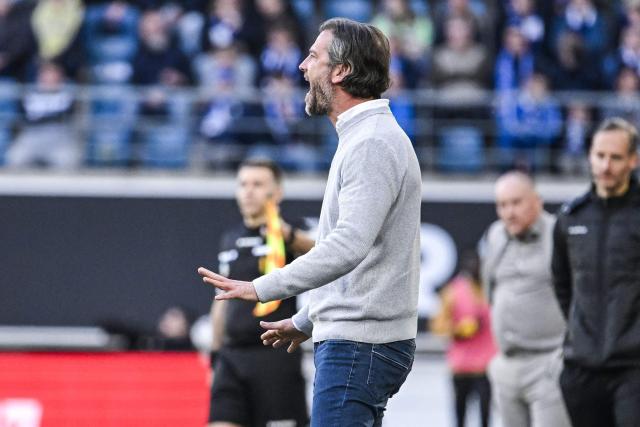 Gent's Belgian head coach Rik De Mil gestures during the Belgian "Pro League" First Division football match between KAA Gent and KV Mechelen at the KAA Stadium in Ghent on April 6, 2026. (Photo by Tom Goyvaerts / BELGA / AFP) / Belgium OUT