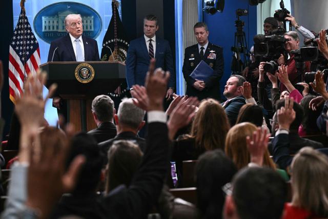 US President Donald Trump takes questions as he speaks about the conflict in Iran in the James S. Brady Press Briefing Room of the White House on April 6, 2026, in Washington, DC. (Photo by Brendan SMIALOWSKI / AFP)