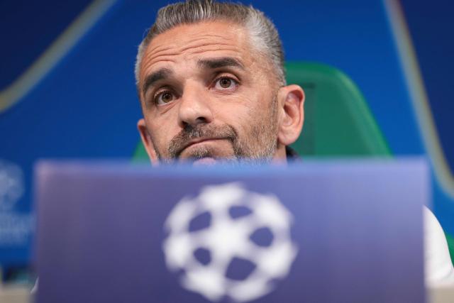 Sporting’s coach Rui Borges attends a press conference on the eve of the UEFA Champions League quarter final first leg football match against Arsenal, at Alvalade stadium in Lisbon, on April 6, 2026. (Photo by PATRICIA DE MELO MOREIRA / AFP)